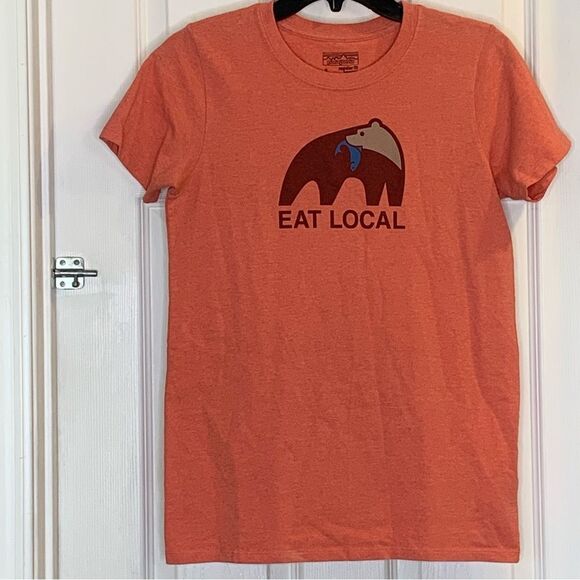 Patagonia EAT LOCAL Upstream T-Shirt Size Small Orange Coral Color - Picture 1 of 9